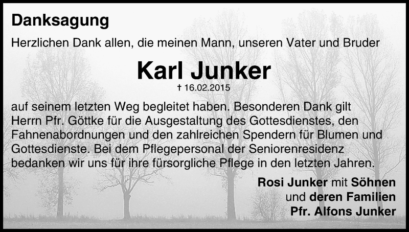  Traueranzeige für Karl Junker vom 28.02.2015 aus MGO
