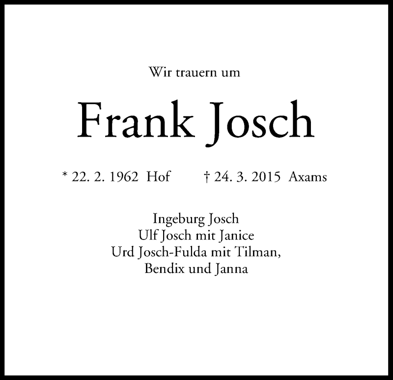  Traueranzeige für Frank Josch vom 28.03.2015 aus MGO