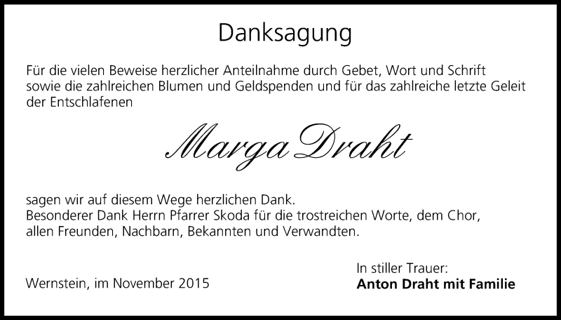  Traueranzeige für MArga Draht vom 14.11.2015 aus MGO