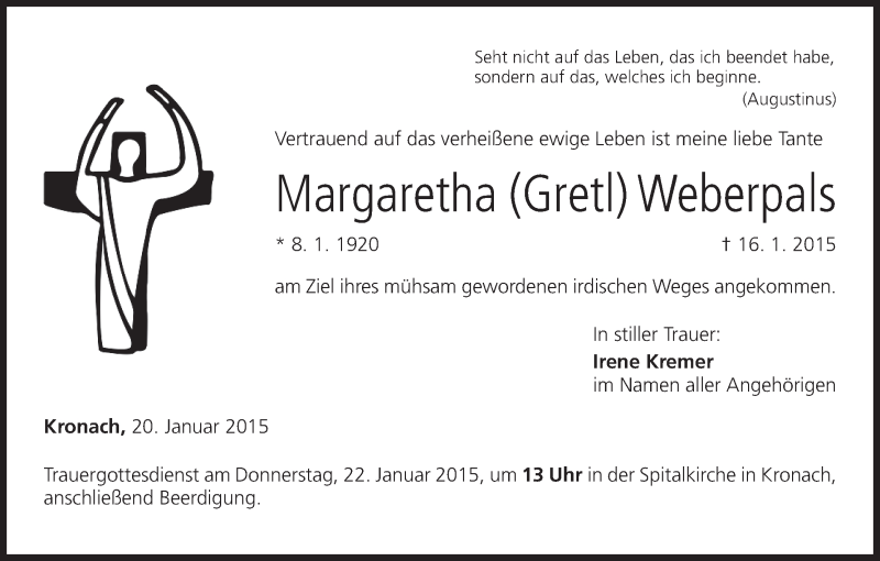  Traueranzeige für Margaretha Weberpals vom 20.01.2015 aus MGO