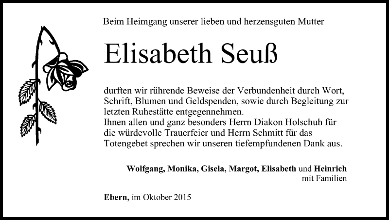  Traueranzeige für Elisabeth Seuß vom 21.10.2015 aus MGO