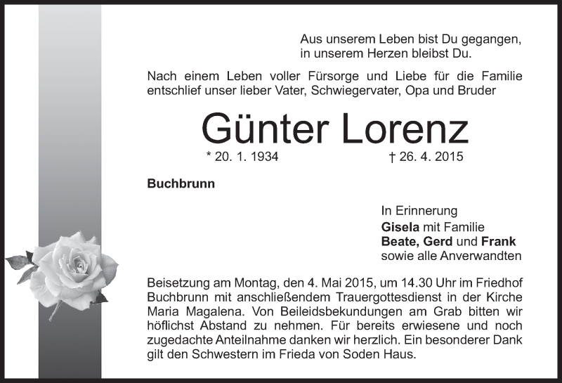  Traueranzeige für Günter Lorenz vom 29.04.2015 aus MGO