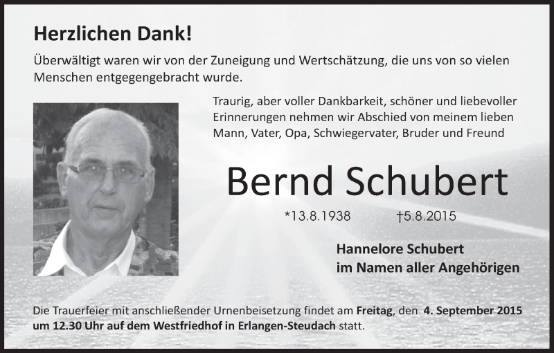 Bernd Schubert | Traueranzeige | Trauer.inFranken.de