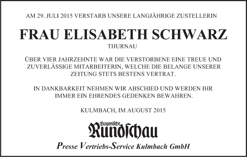  Traueranzeige für Elisabeth Schwarz vom 04.08.2015 aus MGO