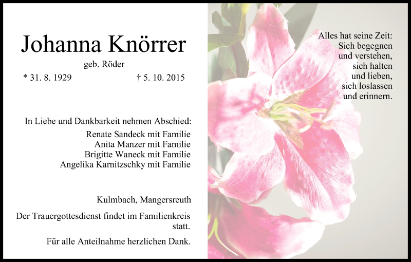  Traueranzeige für Johanna Knörrer vom 09.10.2015 aus MGO