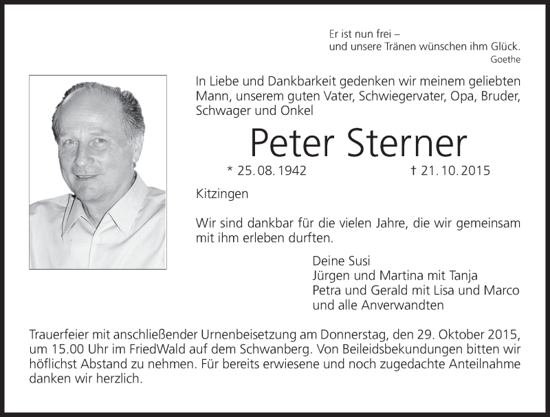  Traueranzeige für Peter Sterner vom 24.10.2015 aus MGO