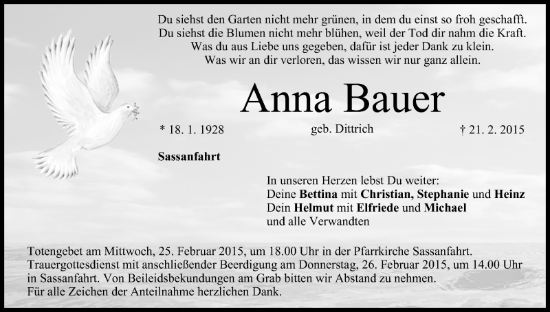  Traueranzeige für Anna Bauer vom 24.02.2015 aus MGO