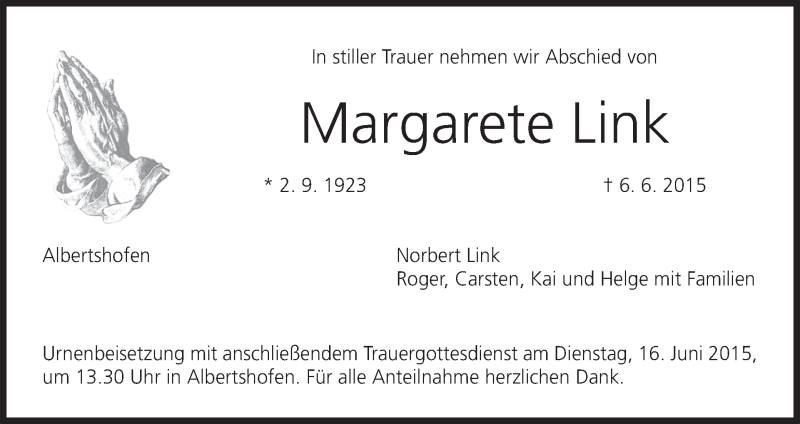  Traueranzeige für Margarete Link vom 13.06.2015 aus MGO