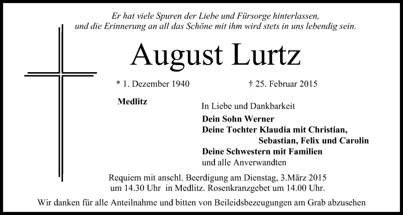  Traueranzeige für August Lurtz vom 28.02.2015 aus MGO