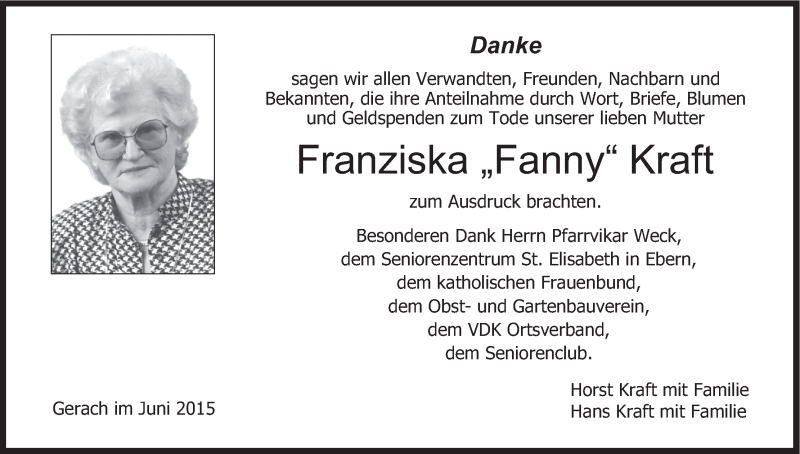  Traueranzeige für Franziska Kraft vom 27.06.2015 aus MGO