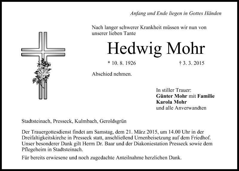  Traueranzeige für Hedwig Mohr vom 18.03.2015 aus MGO