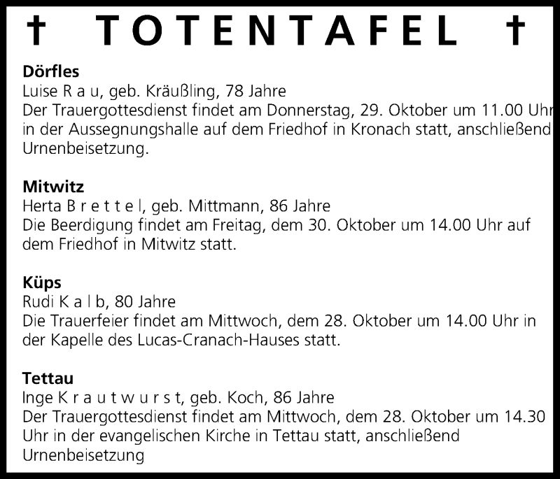  Traueranzeige für Totentafel vom 27.10.2015 vom 27.10.2015 aus MGO