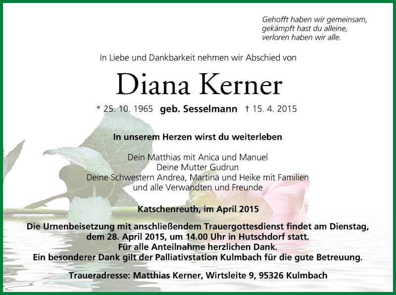  Traueranzeige für Diana Kerner vom 25.04.2015 aus MGO