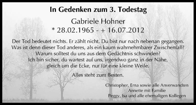  Traueranzeige für Gabriele Hohner vom 16.07.2015 aus MGO