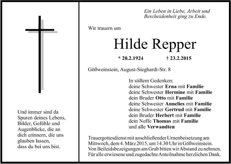 Traueranzeige für Hilde Repper vom 28.02.2015 aus MGO