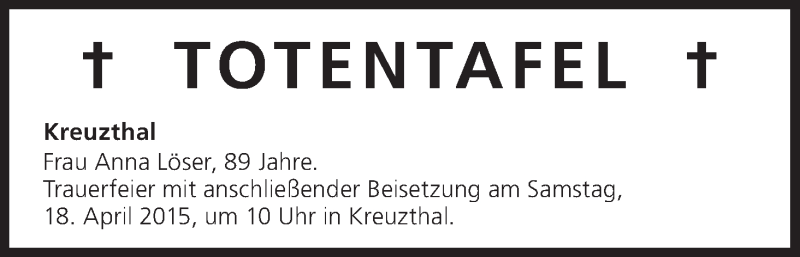  Traueranzeige für Totentafel, vom 18.04.2015 vom 18.04.2015 aus MGO