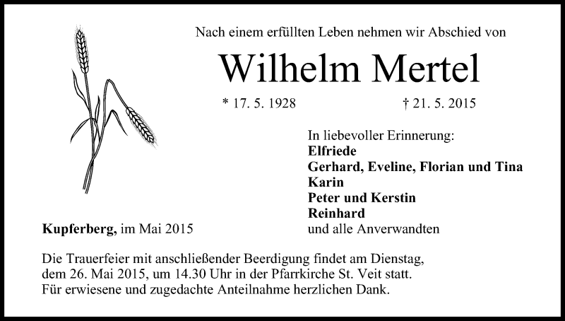  Traueranzeige für Wilhelm Mertel vom 23.05.2015 aus MGO