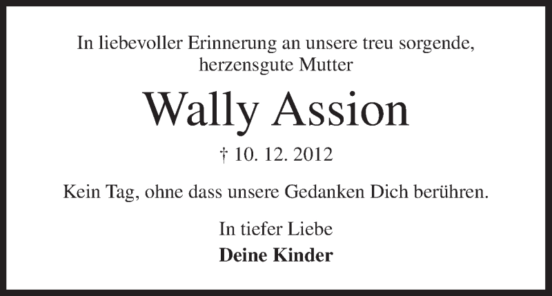  Traueranzeige für Wally Assion vom 10.12.2015 aus MGO