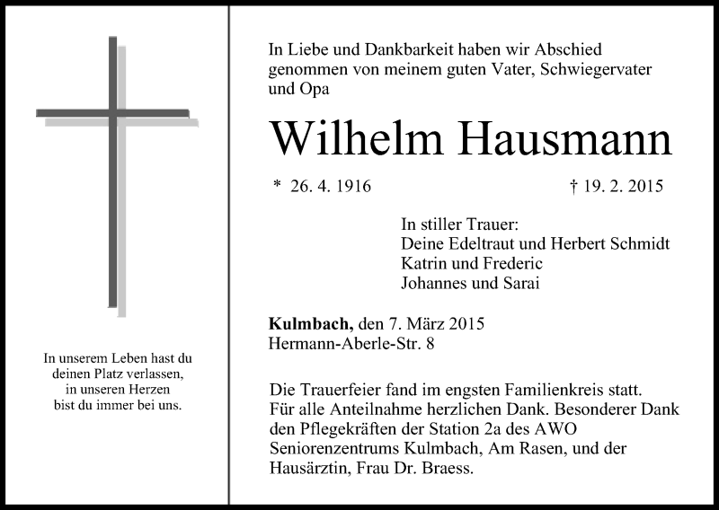  Traueranzeige für Wilhelm Hausmann vom 07.03.2015 aus MGO