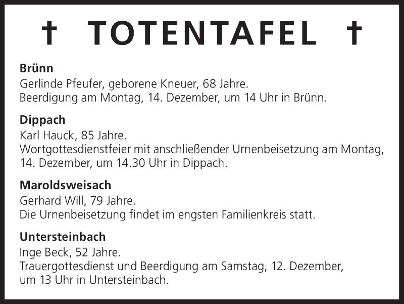  Traueranzeige für Totentafel vom 12.12.2015 vom 12.12.2015 aus MGO