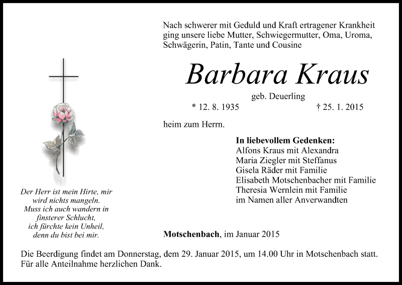 Barbara Kraus | Traueranzeige | Trauer.inFranken.de