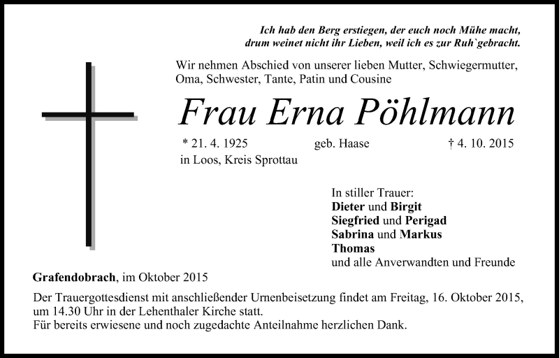  Traueranzeige für Erna Pöhlmann vom 14.10.2015 aus MGO