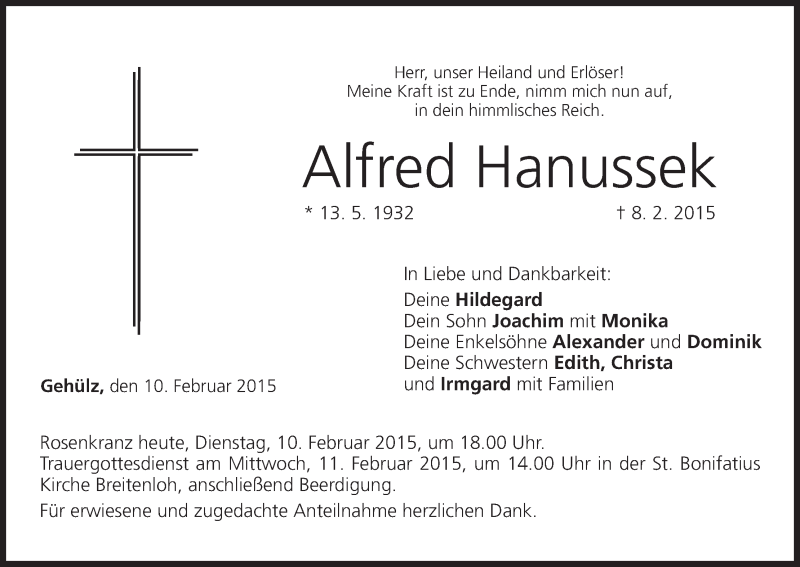  Traueranzeige für Alfred Hanussek vom 10.02.2015 aus MGO
