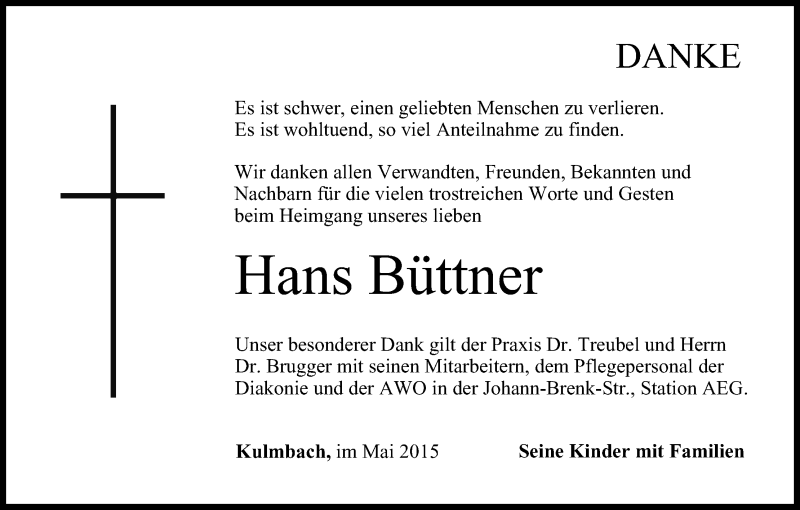  Traueranzeige für Hans Büttner vom 01.05.2015 aus MGO