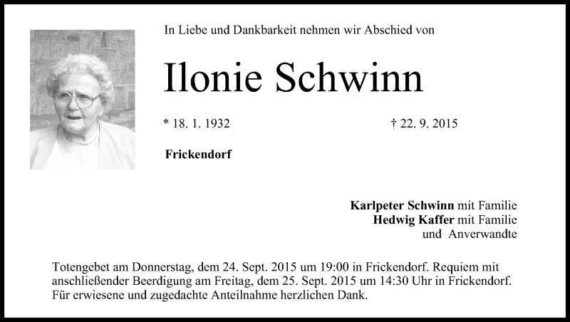  Traueranzeige für Ilonie Schwinn vom 24.09.2015 aus MGO