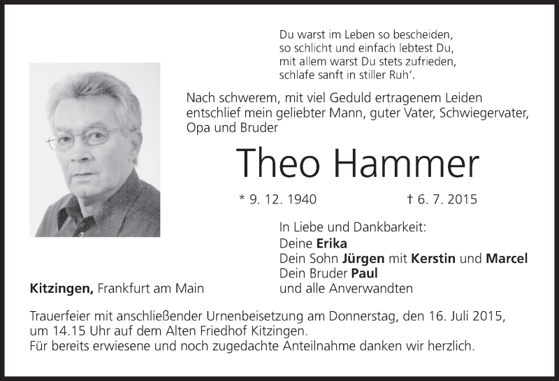  Traueranzeige für Theo Hammer vom 11.07.2015 aus MGO
