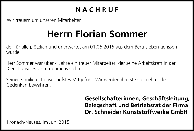  Traueranzeige für Florian Sommer vom 09.06.2015 aus MGO