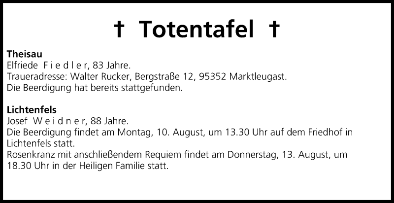  Traueranzeige für Totentafel vom 08.08.2015 vom 08.08.2015 aus MGO