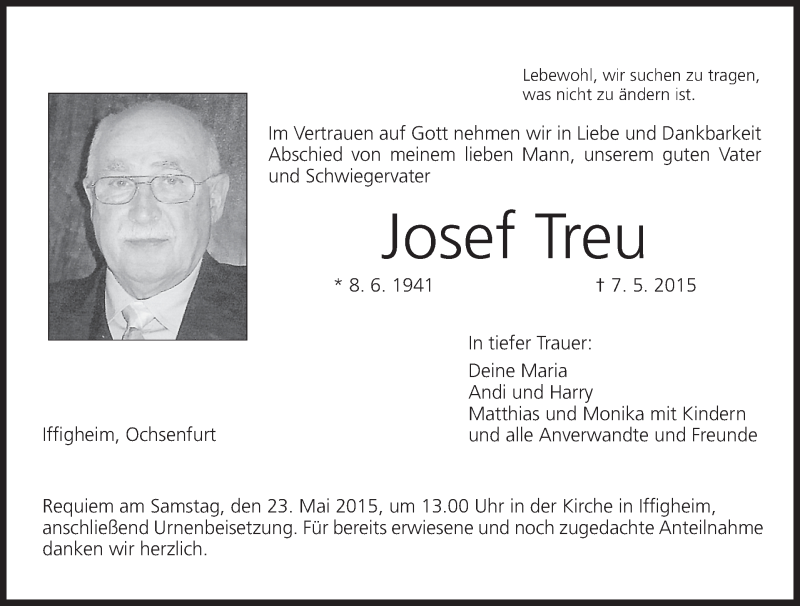  Traueranzeige für Josef Treu vom 16.05.2015 aus MGO