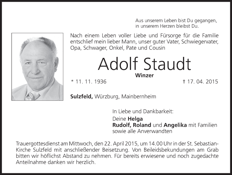  Traueranzeige für Adolf Staudt vom 20.04.2015 aus MGO