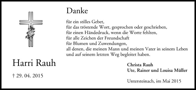  Traueranzeige für Harri Rauh vom 18.05.2015 aus MGO
