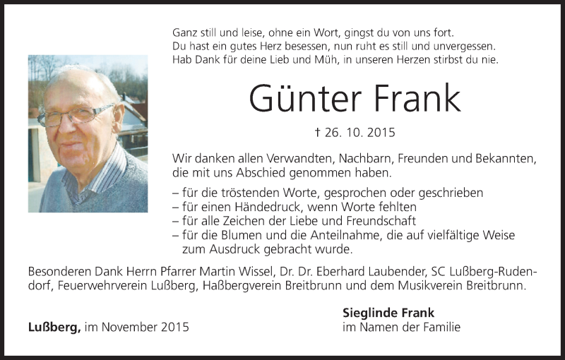 Traueranzeige für Günter Frank vom 14.11.2015 aus MGO