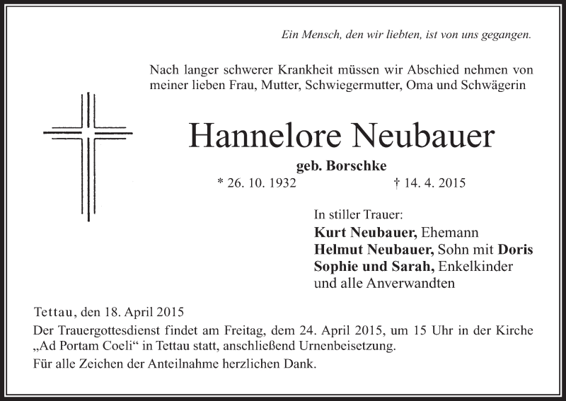  Traueranzeige für Hannelore Neubauer vom 18.04.2015 aus MGO