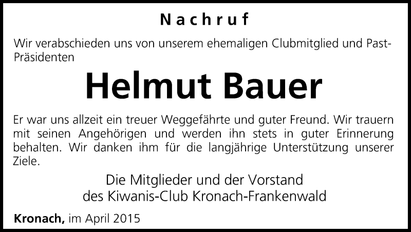  Traueranzeige für Helmut Bauer vom 16.04.2015 aus MGO