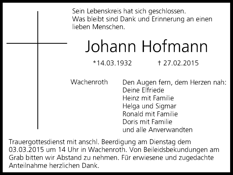  Traueranzeige für Johann Hofmann vom 02.03.2015 aus MGO