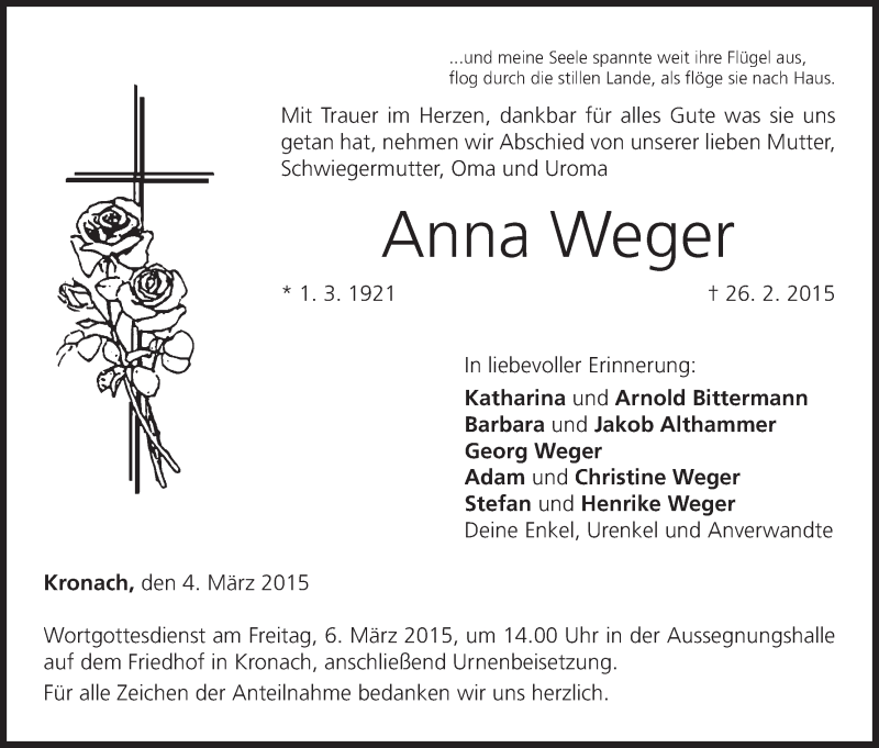  Traueranzeige für Anna Weger vom 04.03.2015 aus MGO