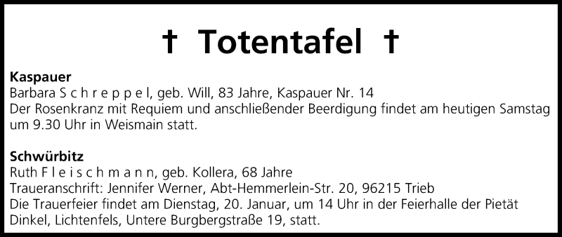 Traueranzeige für Totentafel vom 17.01.2015 vom 17.01.2015 aus MGO
