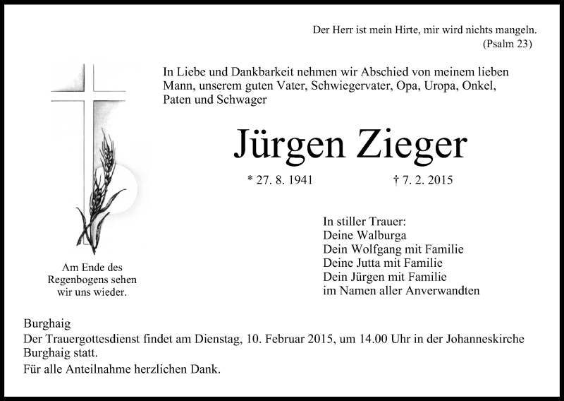  Traueranzeige für Jürgen Zieger vom 09.02.2015 aus MGO