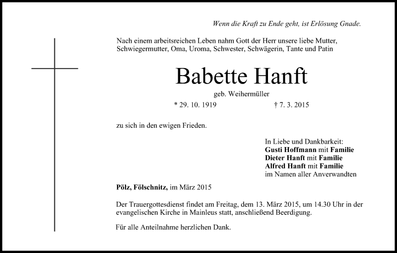  Traueranzeige für Babette Hanft vom 11.03.2015 aus MGO