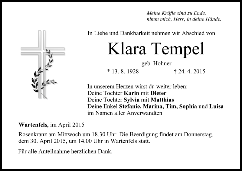  Traueranzeige für Klara Tempel vom 28.04.2015 aus MGO