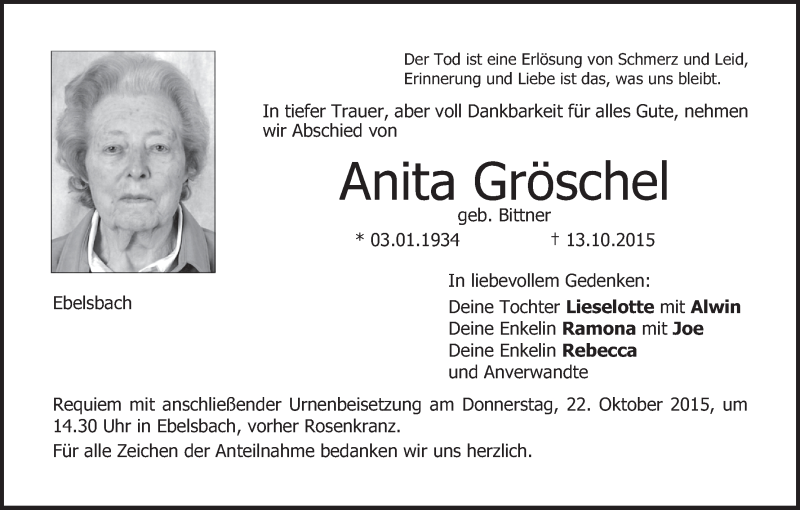  Traueranzeige für Anita Gröschel vom 20.10.2015 aus MGO