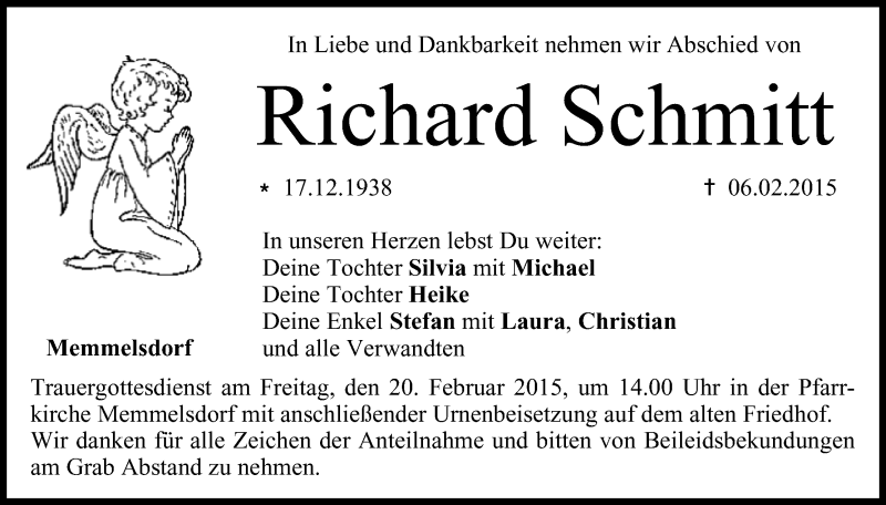  Traueranzeige für Richard Schmitt vom 17.02.2015 aus MGO