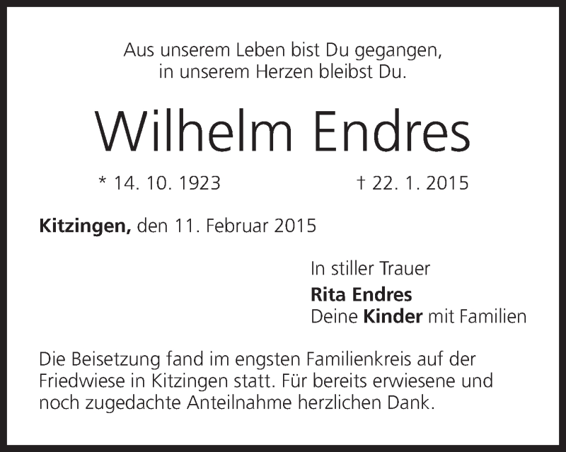  Traueranzeige für Wilhelm Endres vom 21.02.2015 aus MGO