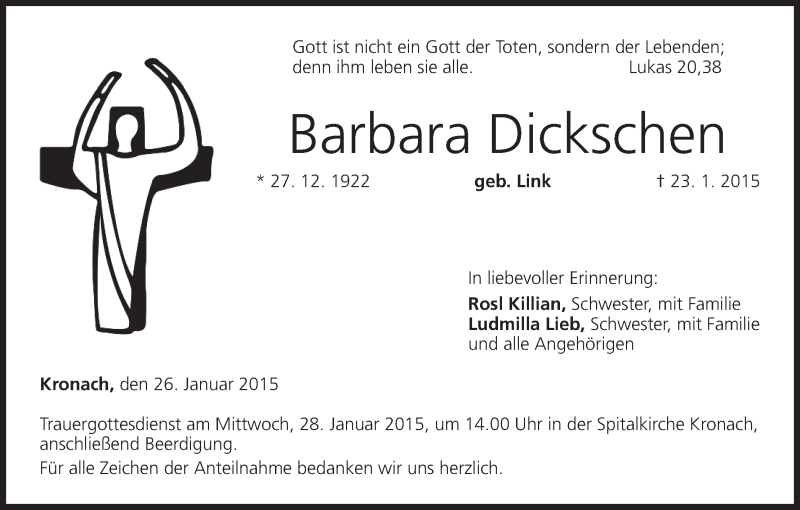  Traueranzeige für Barbara Dickschen vom 26.01.2015 aus MGO