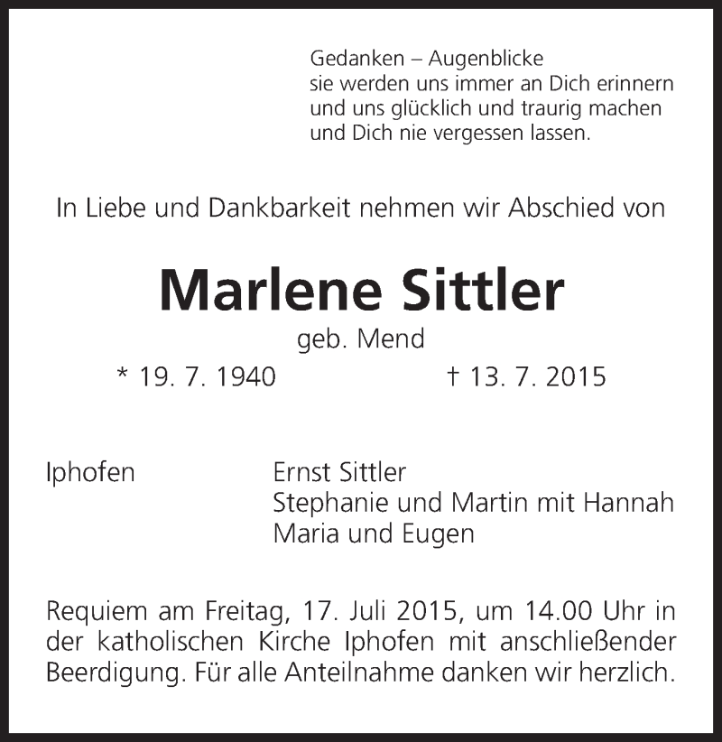  Traueranzeige für Marlene Sittler vom 15.07.2015 aus MGO