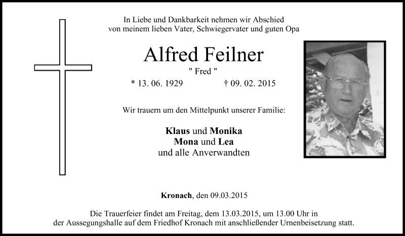  Traueranzeige für Alfred Feilner vom 09.03.2015 aus MGO